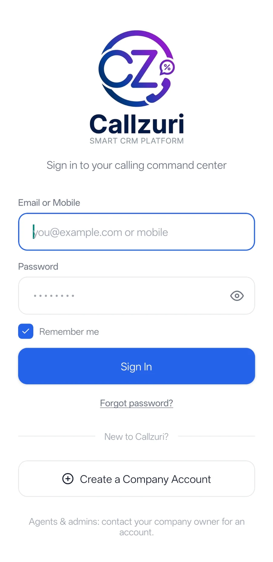 Secure Login screen in the Callzuri app